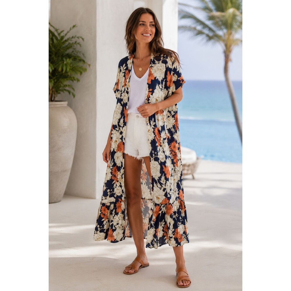 Ces Femme Floral Kimono M Blue Rayon Duster Cardigan Ruffle Hem USA Boho